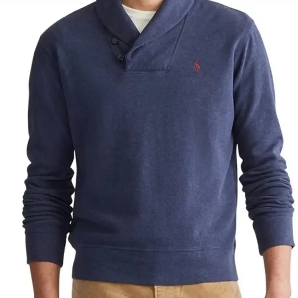 Polo Ralph Lauren Sweater Shawl Neck 2 Button Pullover Men M Blue Red Pony